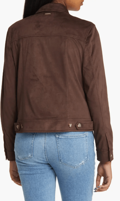 Women's Suede Leather Trucker Jacket In Coffee Brown