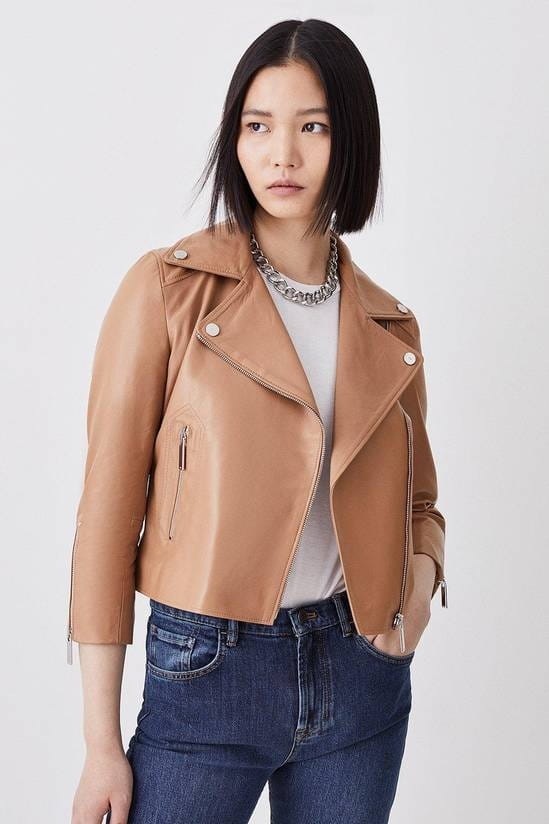 Women's 3/4 Sleeves Biker Leather Jacket In Brown - Arcane Fox