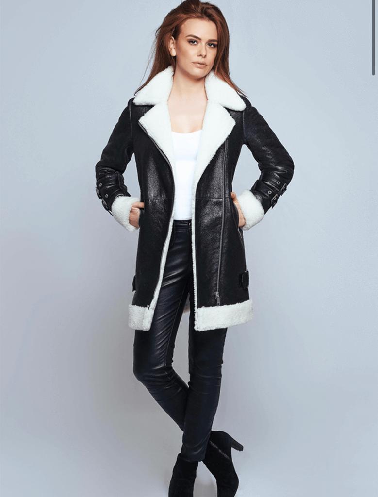 Women's B7 Bomber Sheepskin Leather Coat In Black