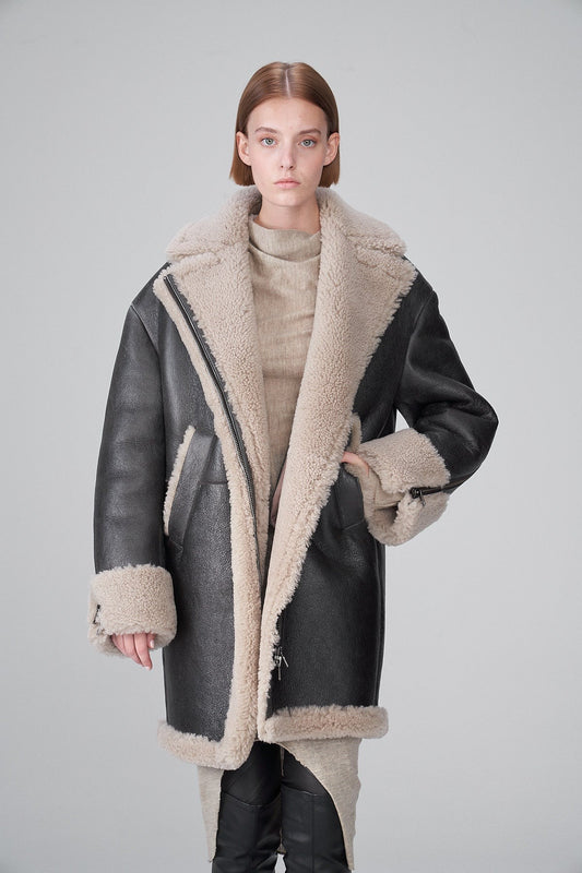 Women's B7 Gray Shearling Leather Coat In Black Arcane Fox