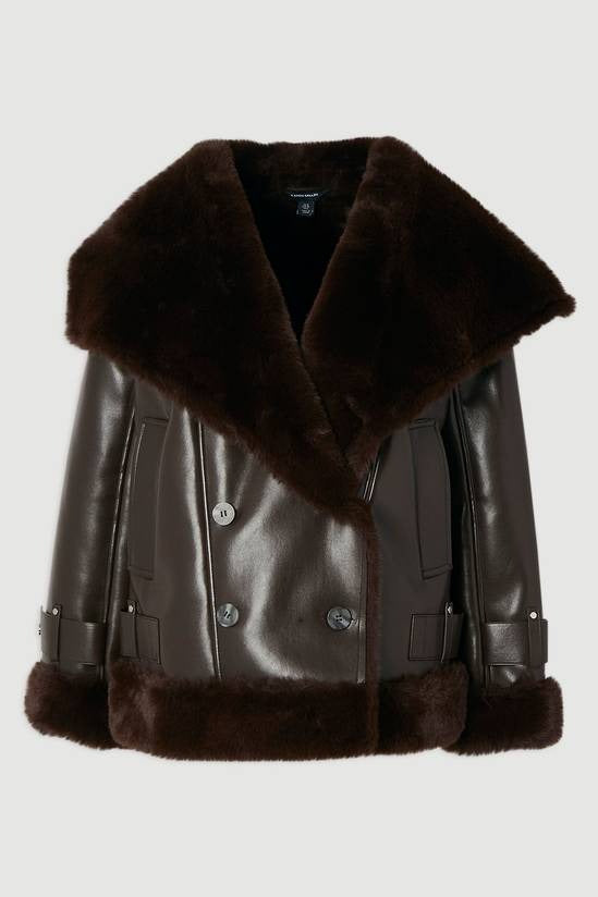 Women's B7 Shearling Chocolate Brown Leather Jacket With Oversized Collar