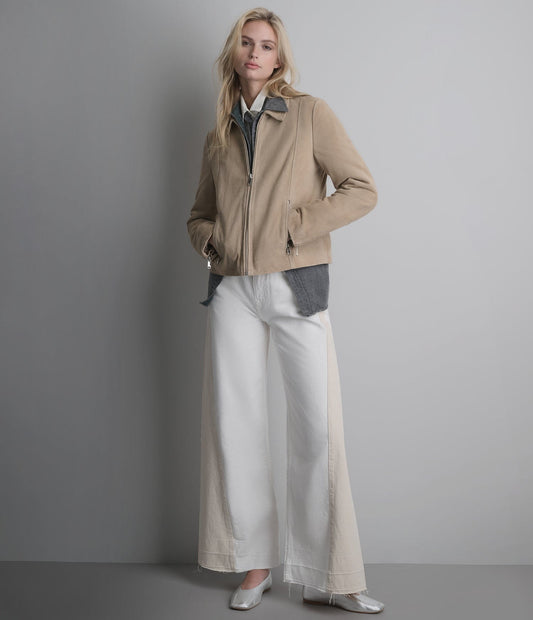 Women's Beige Scuba Suede Leather Jacket - Arcane Fox