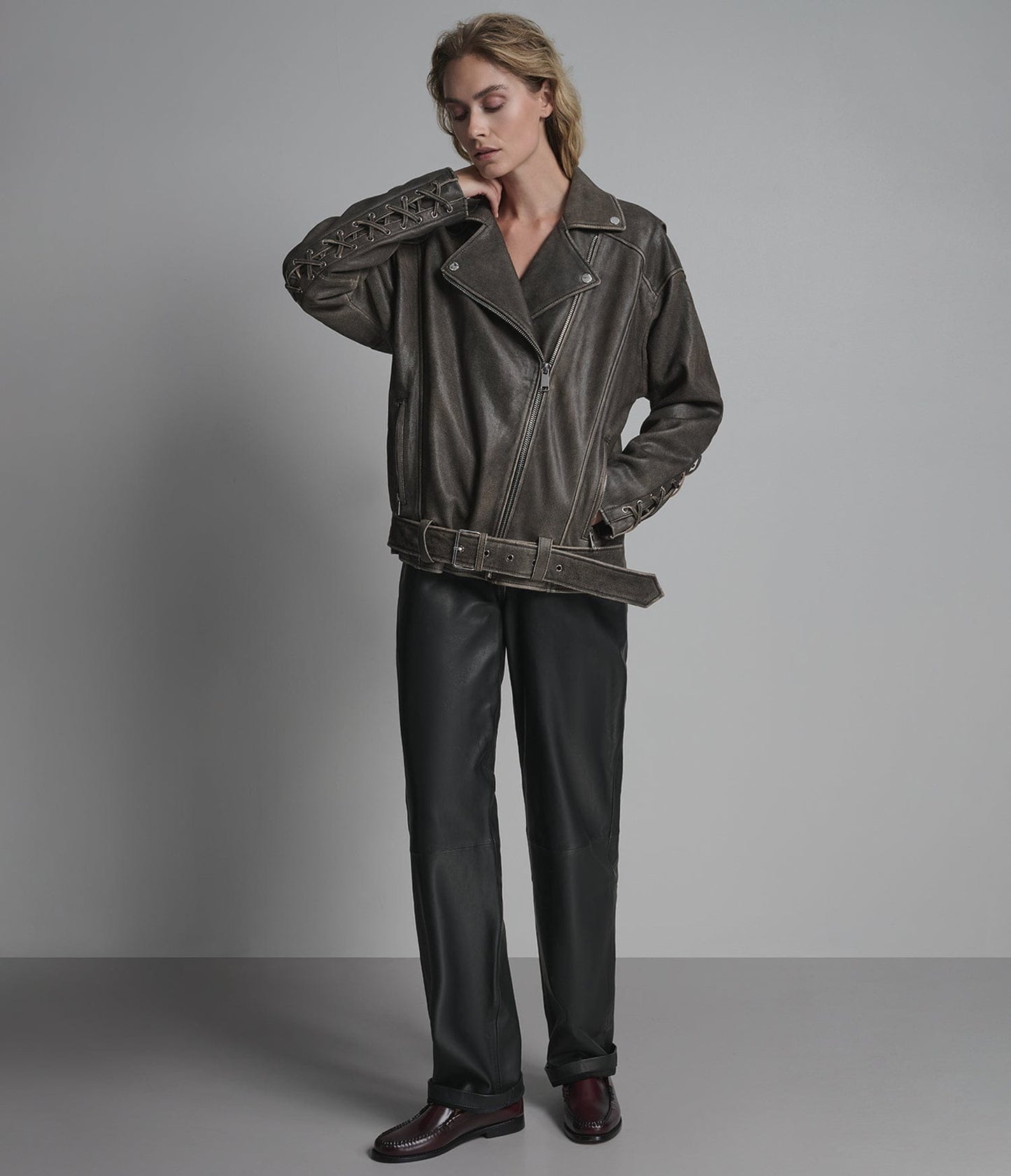 Women's Belted Biker Distressed Leather Jacket - Arcane Fox