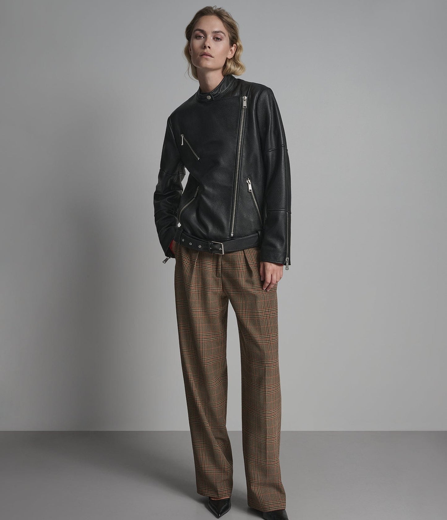 Women's Belted Biker Leather Jacket In Black - Arcane Fox