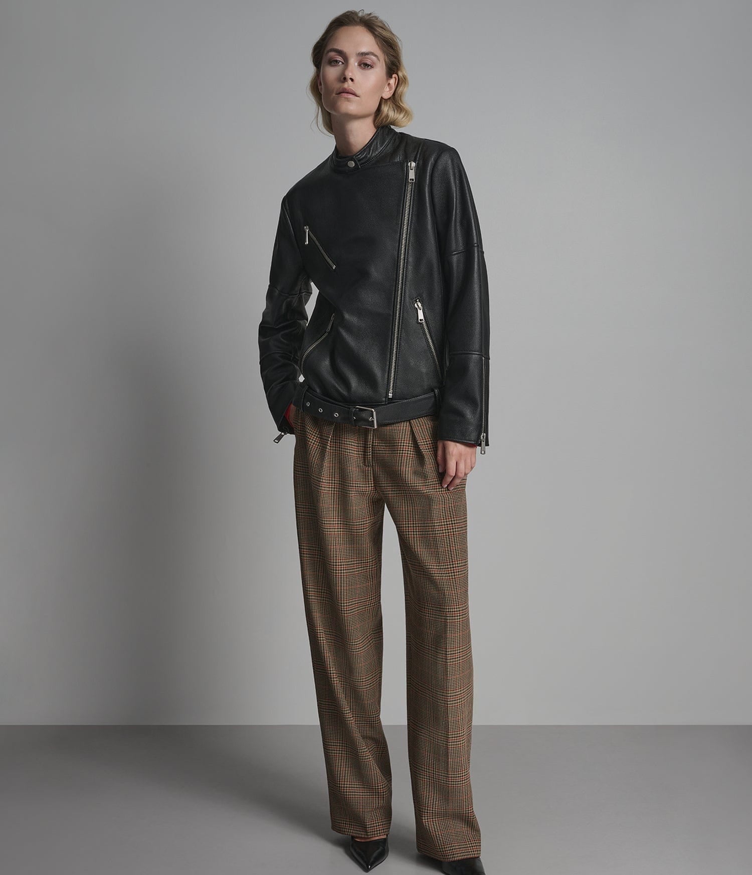 Women's Belted Biker Leather Jacket In Black - Arcane Fox
