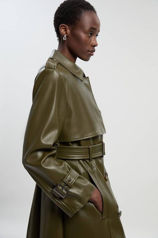 Women's Belted Leather Trench Coat In Olive - Arcane Fox