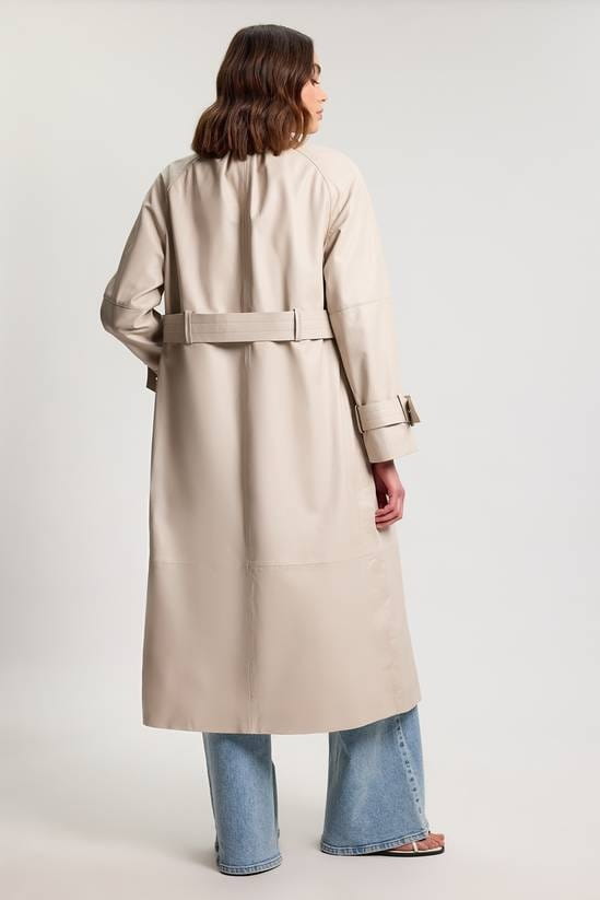 Women's Belted Trench Off White Leather Coat - Arcane Fox