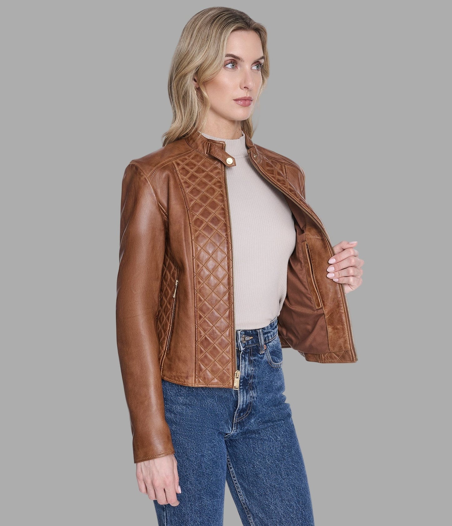 Women's Biker Brown Quilted Leather Jacket