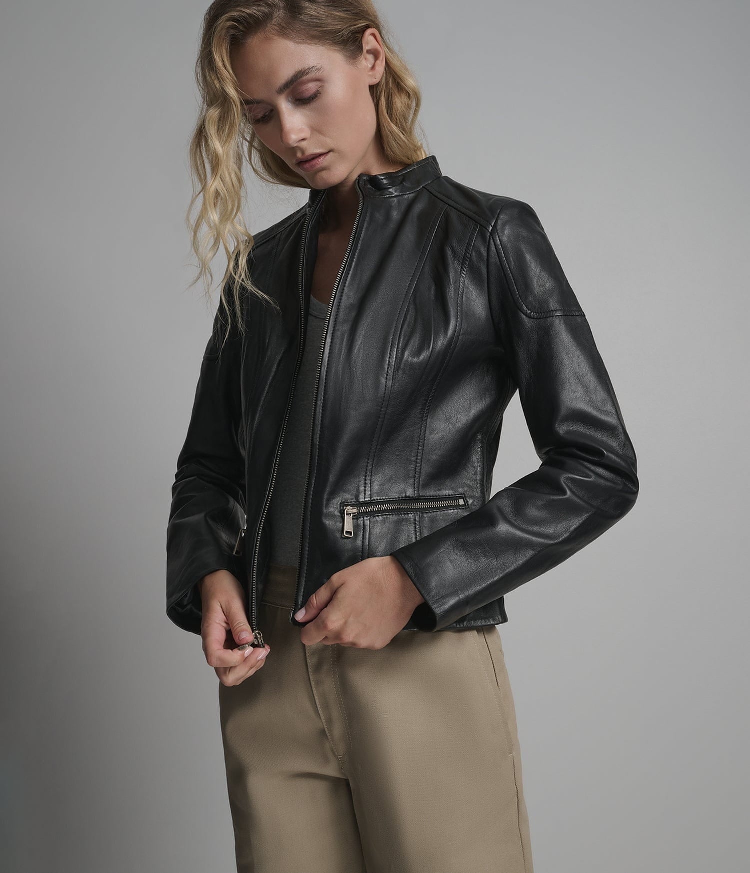 Women's Black Biker Cafe Racer Leather Jacket - Arcane Fox