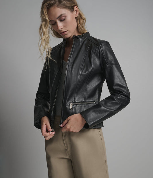 Women's Black Biker Cafe Racer Leather Jacket - Arcane Fox
