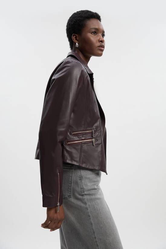 Women's Biker Cafe Racer Leather Jacket In Dark Brown - Arcane Fox