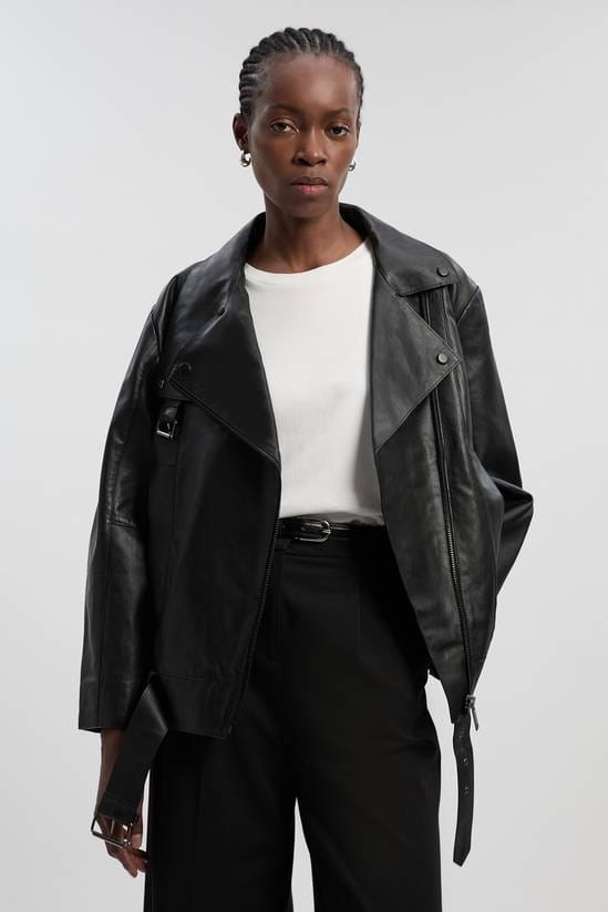 Women's Black Belted Motorcycle Leather Jacket - Arcane Fox