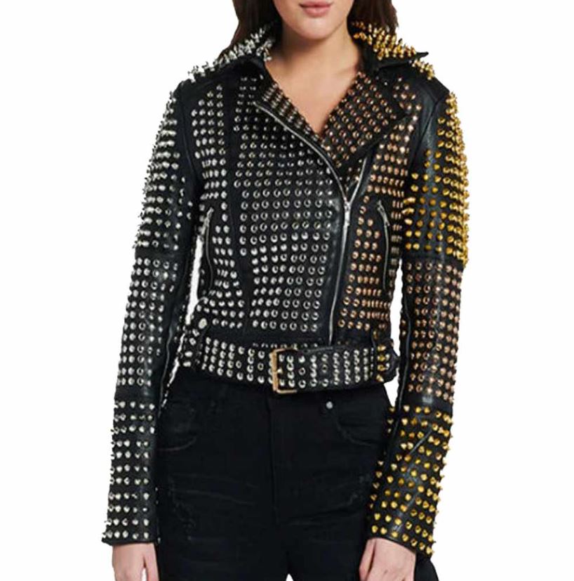 Women's Black Belted Punk Leather Jacket