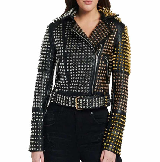 Women's Black Belted Punk Leather Jacket
