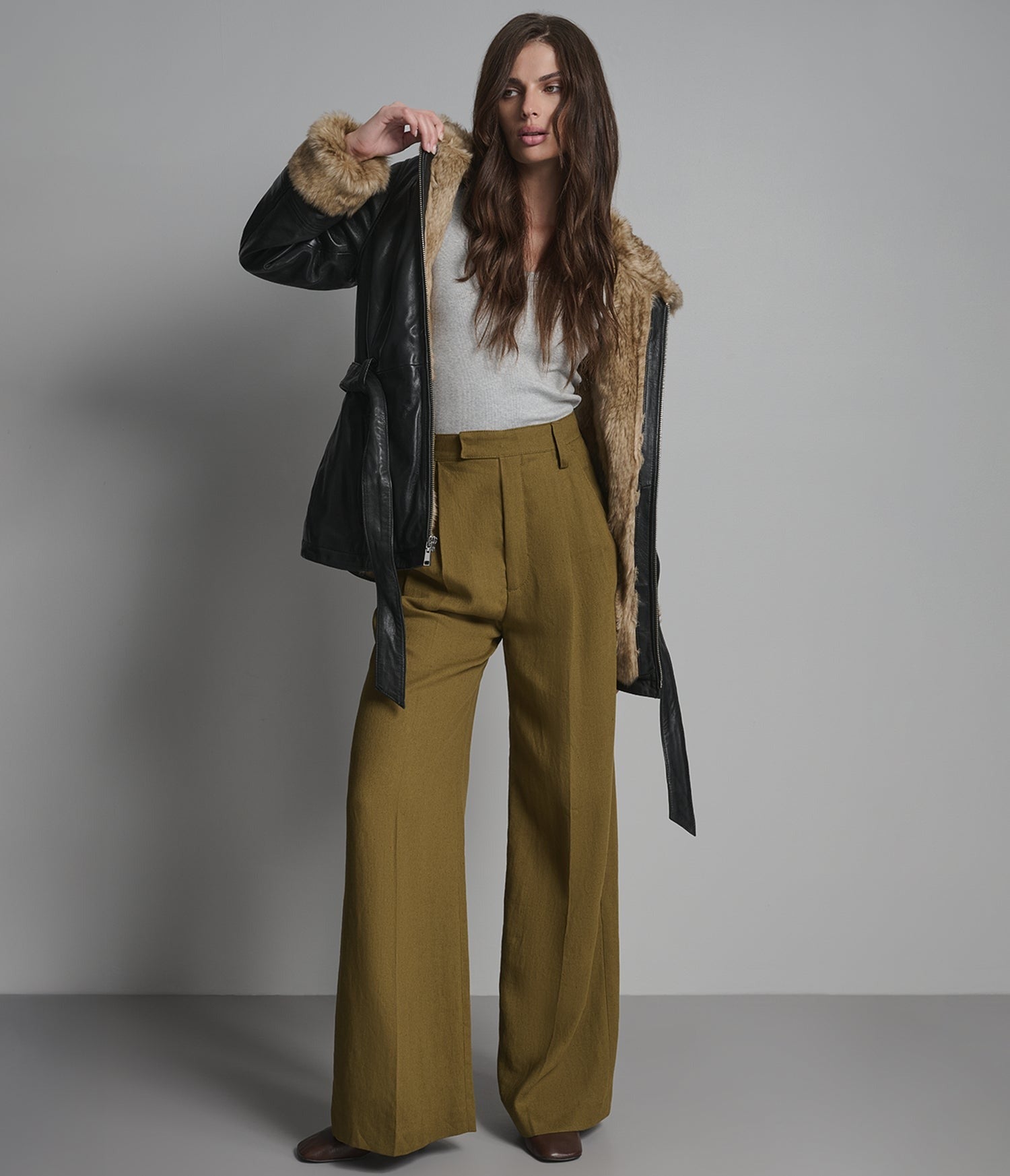 Women's Black Belted Shearling Leather Jacket With Hood