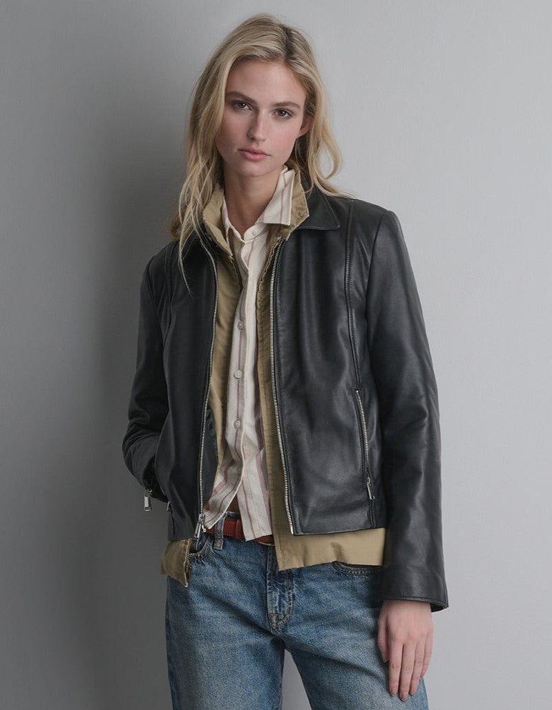Women's Black Biker Lambskin Leather Jacket - Arcane Fox