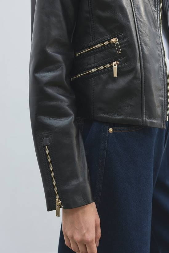 Women's Black Cafe Racer Leather Jacket - Arcane Fox