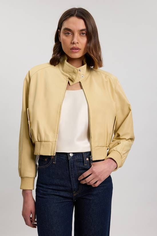 Women's Bomber Cropped Leather Jacket In Lemon - Arcane Fox