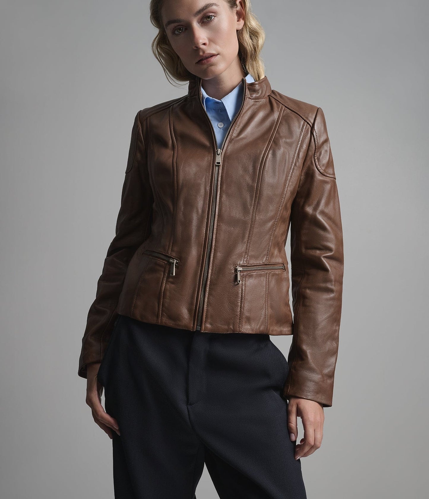 Women's Brown Biker Cafe Racer Leather Jacket - Arcane Fox