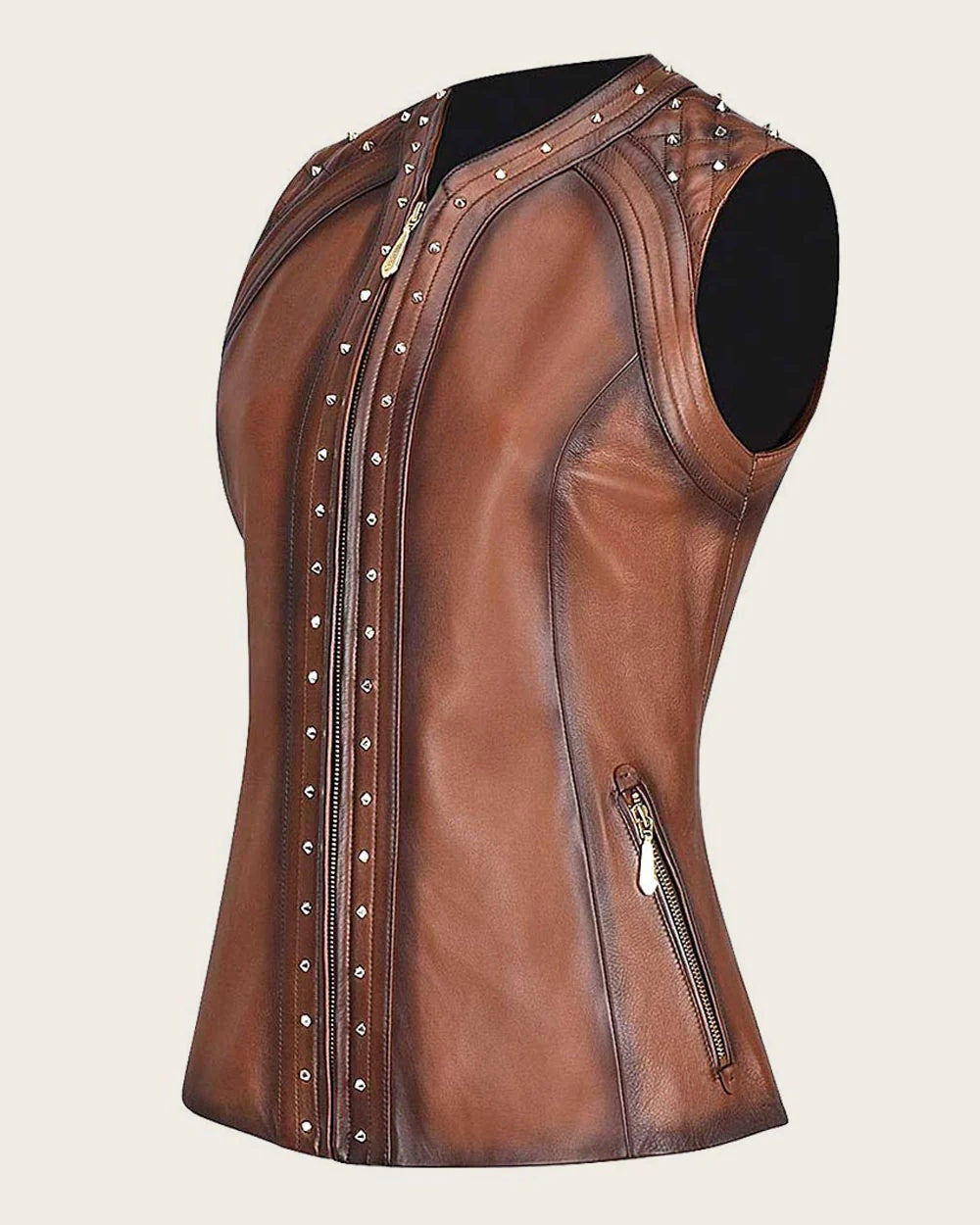 Women's Brown Distressed Studded Leather Vest