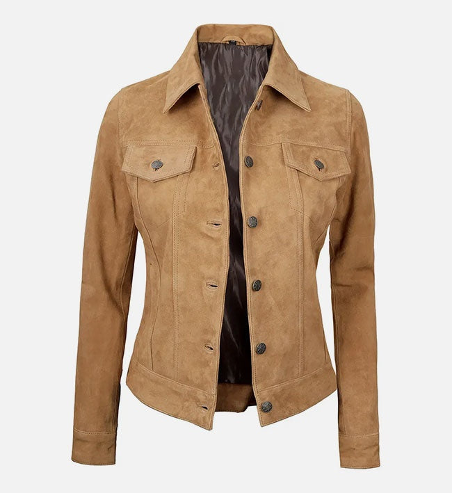 Women's Brown Suede Trucker Leather Jacket