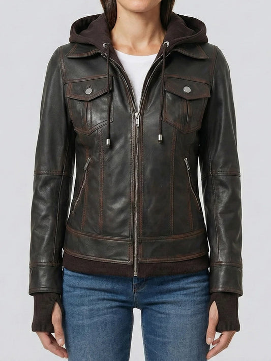 Women's Chocolate Brown Trucker Distressed Leather Jacket