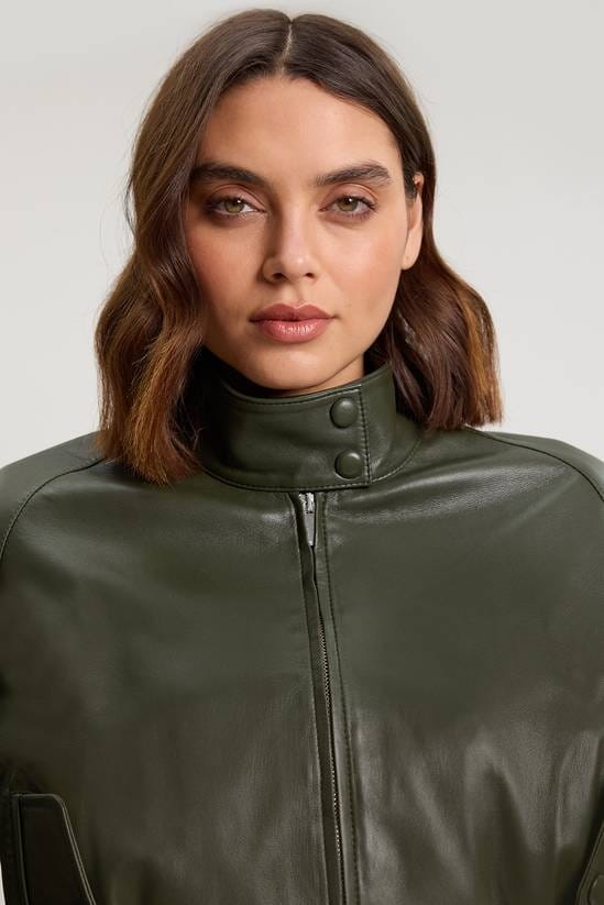 Women's Cropped Bomber Leather Jacket In Dark Green - Arcane Fox