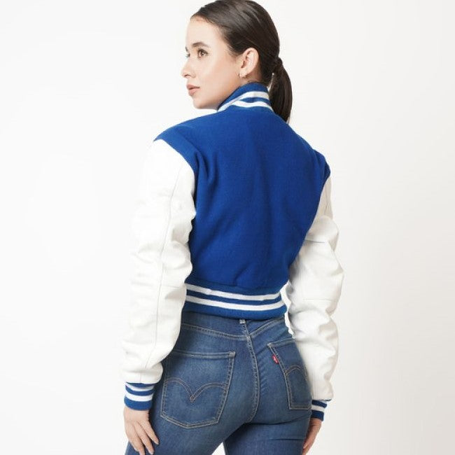 Women's Cropped Letterman Leather Jacket In Blue & White Sleeves
