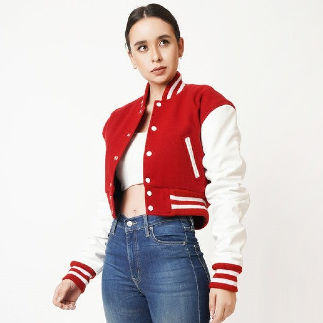 Women's Cropped Varsity Leather Jacket In Red & White Sleeves