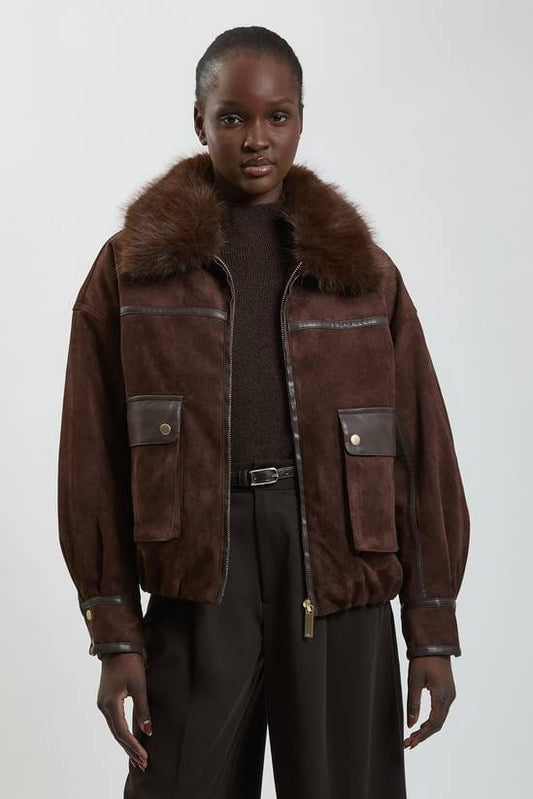 Women's Dark Brown Harrington Shearling Leather Jacket - Arcane Fox