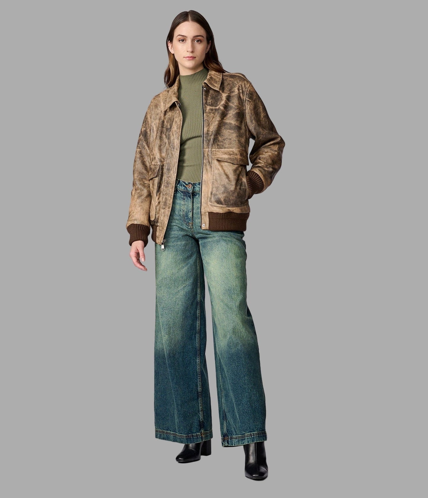 Women's Distressed Bomber Harrington Leather Jacket In Brown - Arcane Fox