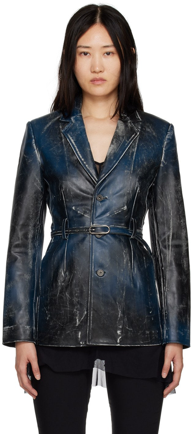 Women's Distressed Leather Blazer In Blue