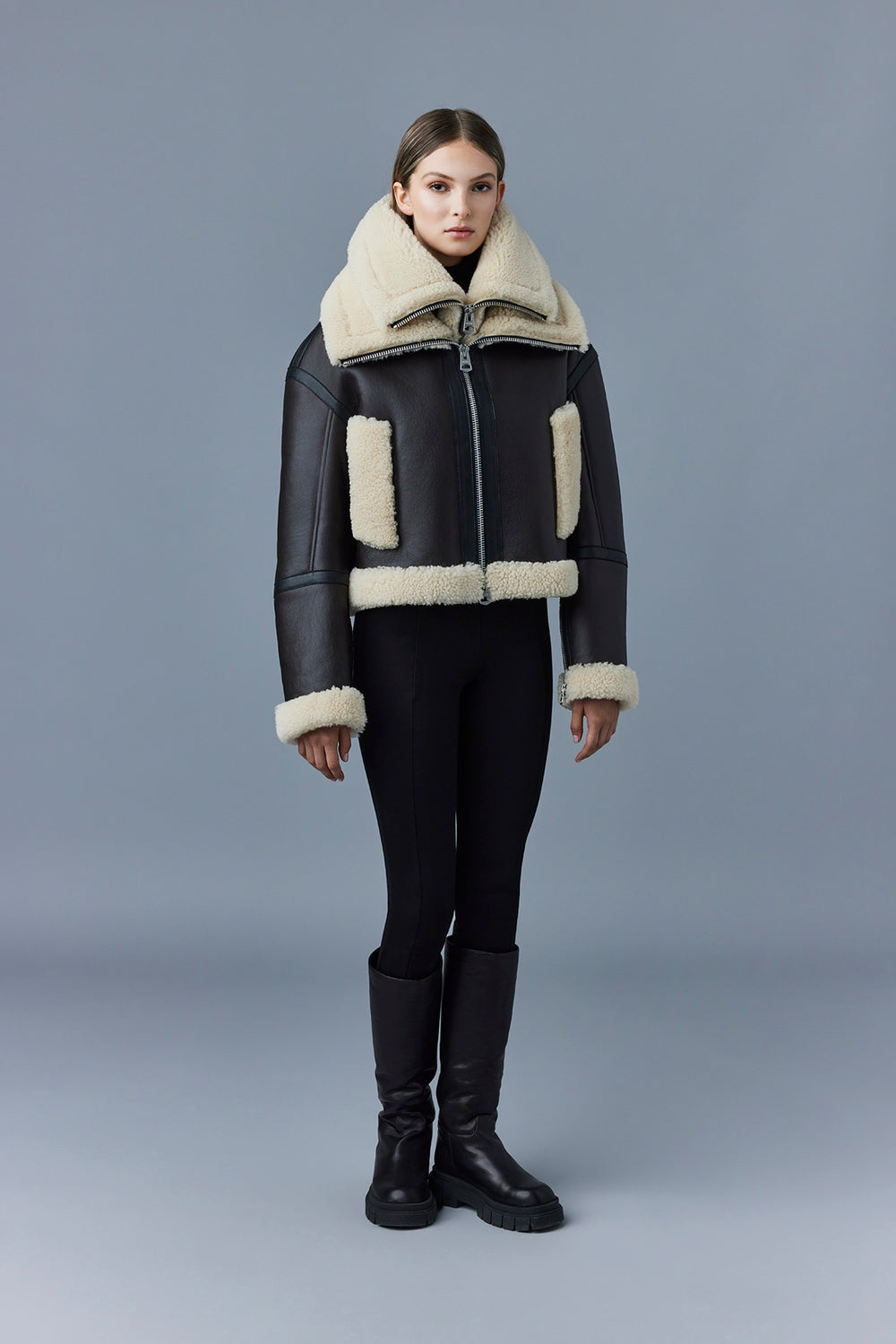 Women's Double Collar Coffee Brown Shearling Fur Leather Jacket