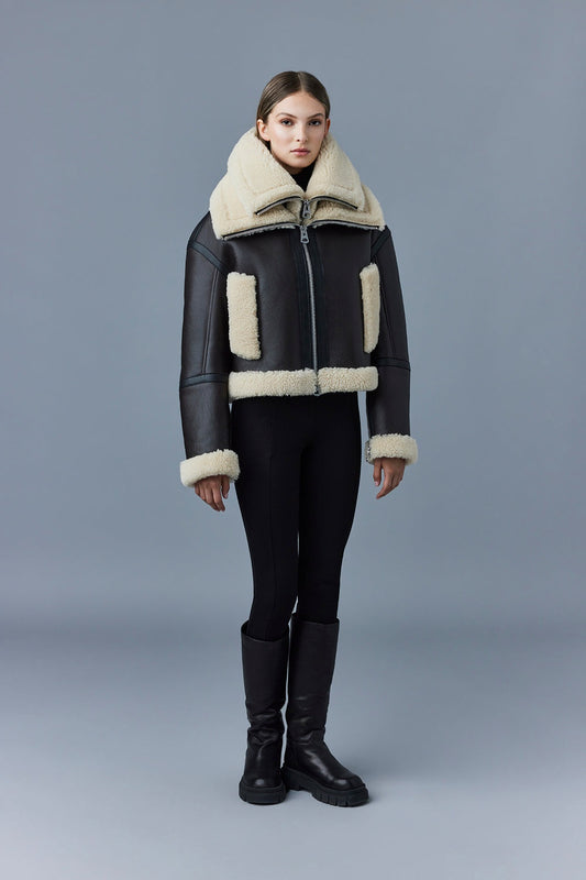 Women's Double Collar Coffee Brown Shearling Fur Leather Jacket