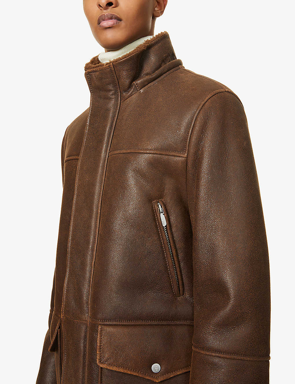Men's Fur Sheepskin Leather Coat In Dark Brown With Removable Hood