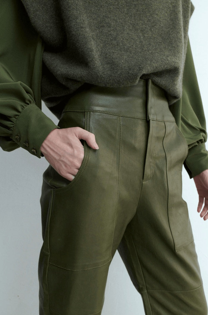 Women's Green Lether Biker Pant