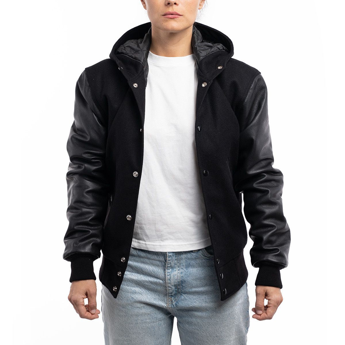 Women's Hooded Varsity Leather Jacket In Black