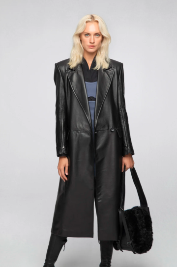Women's Long Leather Coat In Black
