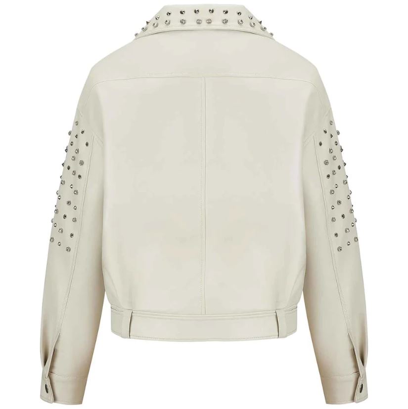 Women's Off White Belted Studded Leather Jacket