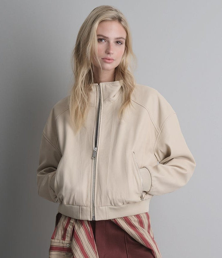 Women's Off White Bomber Leather Jacket - Arcane Fox
