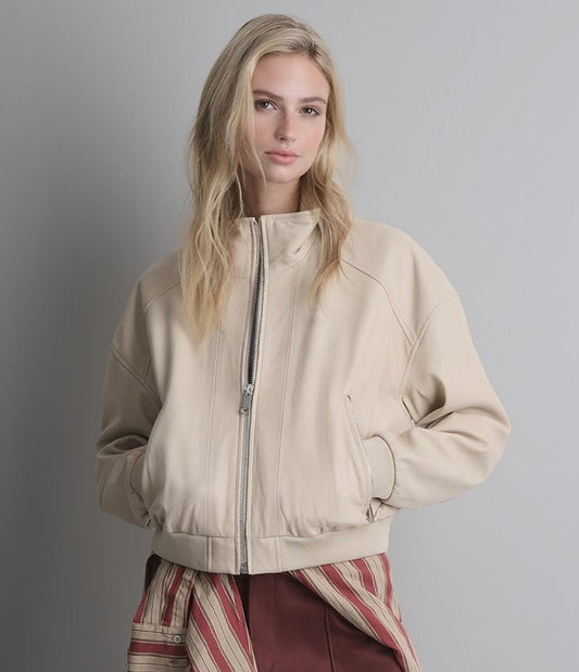 Women's Off White Bomber Leather Jacket - Arcane Fox