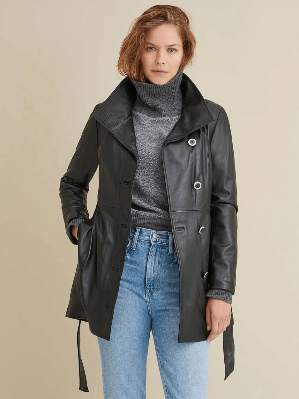 Women's Plain Leather Coat In Black