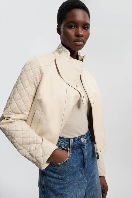 Women's Quilted Cropped Leather Jacket In Off White - Arcane Fox