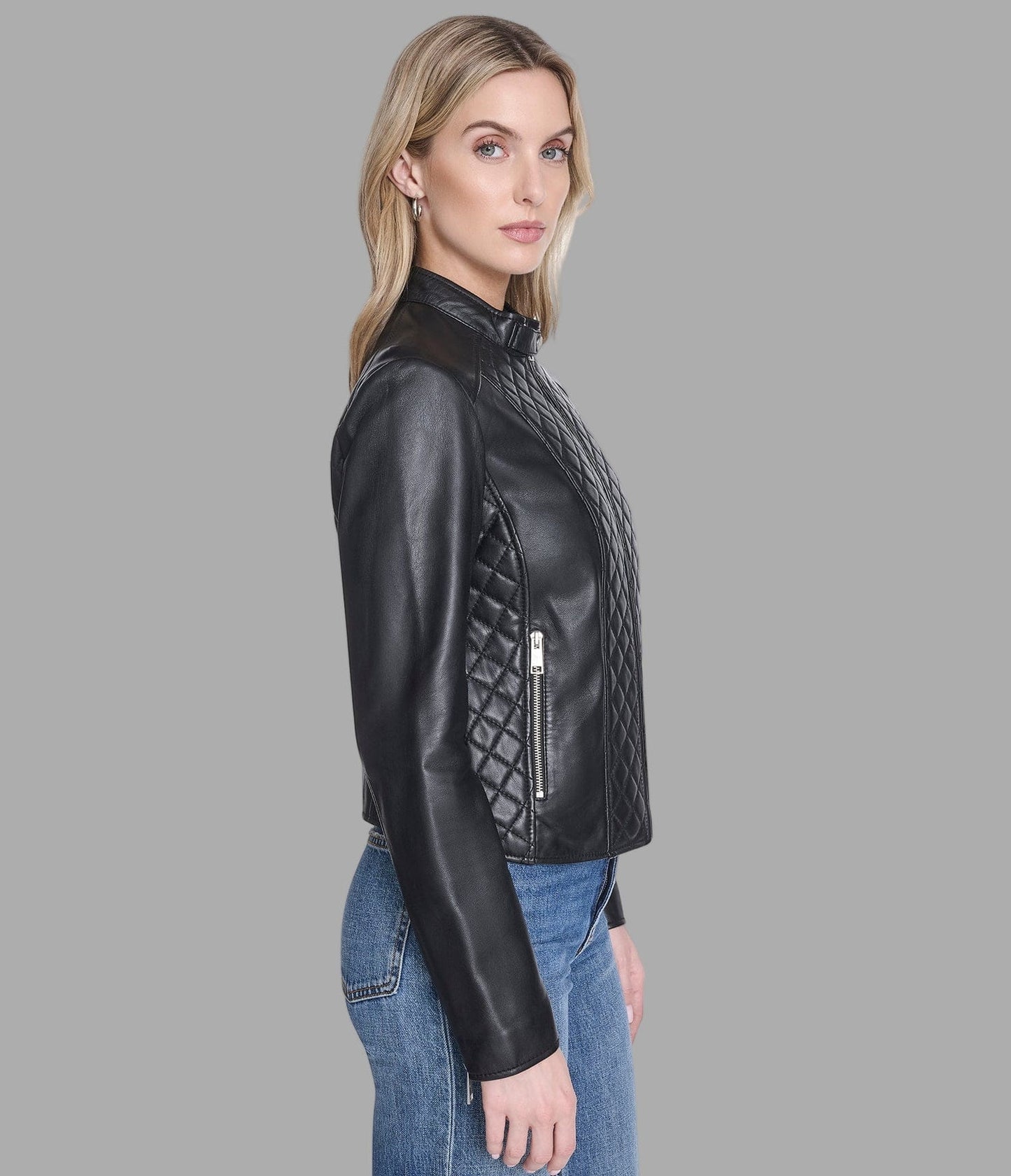 Women's Quilted Motorcycle Leather Jacket In Black - Arcane Fox