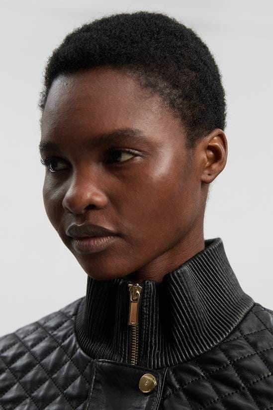 Women's Quilted Trench Black Leather Coat - Arcane Fox