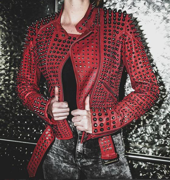 Women's Red Fully Studded Leather Jacket With Belt