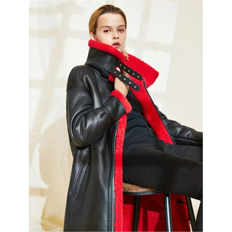 Women's Red Fur Sheepskin Leather Coat In Black