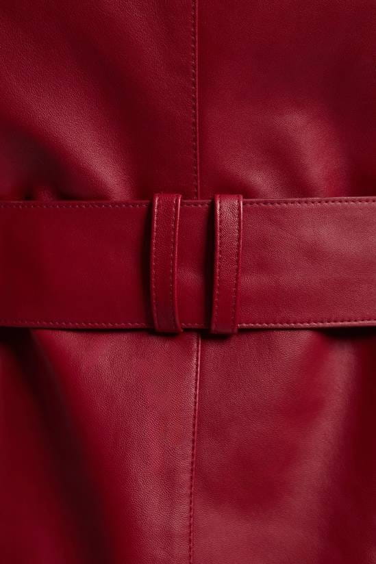 Women's Red Trench Leather Coat With Belted Waist - Arcane Fox