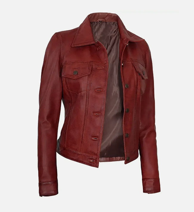 Women's Red Trucker Leather Jacket