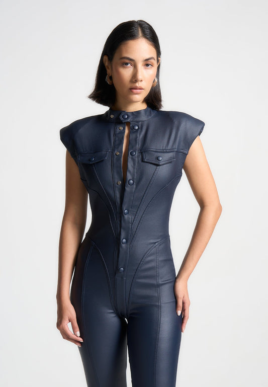 Women's Royal Blue Bodycon Leather Jumpsuit